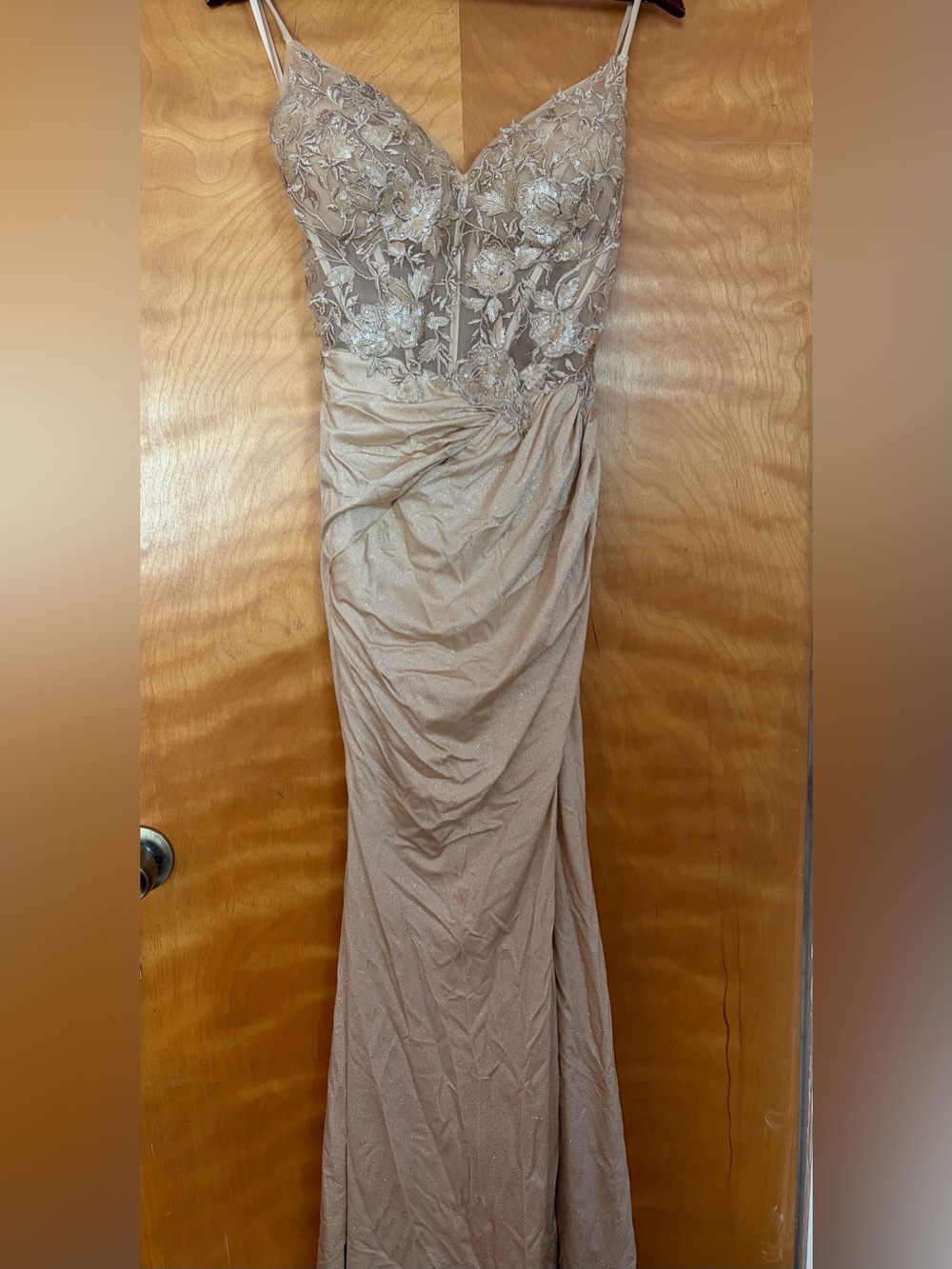 Elegant Lace-Appliqué Evening Gown in Champagne